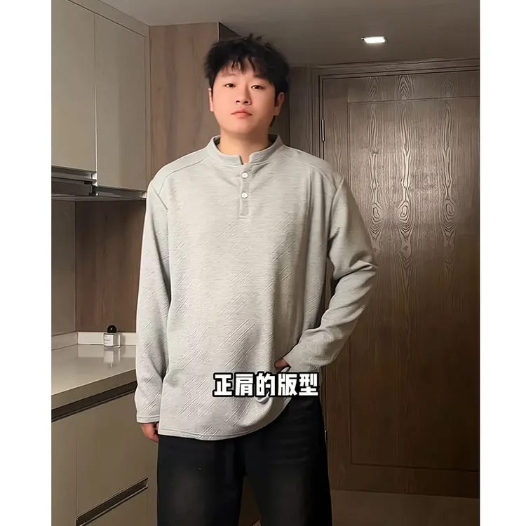 美式潮牌解构拼接设计长袖t恤正肩亨利领秋季POLO衫男士内搭卫衣