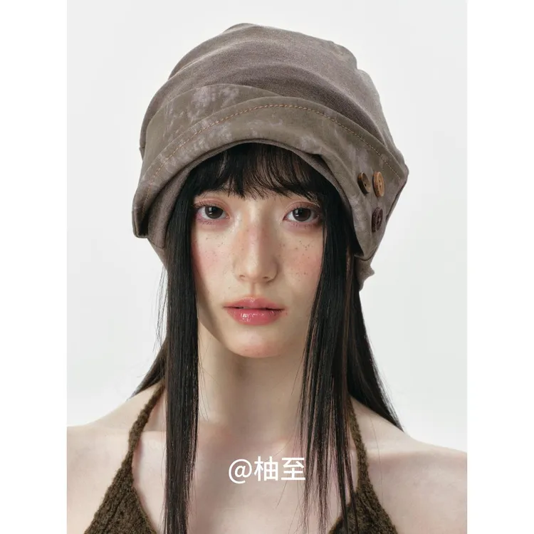 时髦拼接纽扣显脸小堆堆帽子春秋夏街头套头帽韩版日系百搭包头帽
