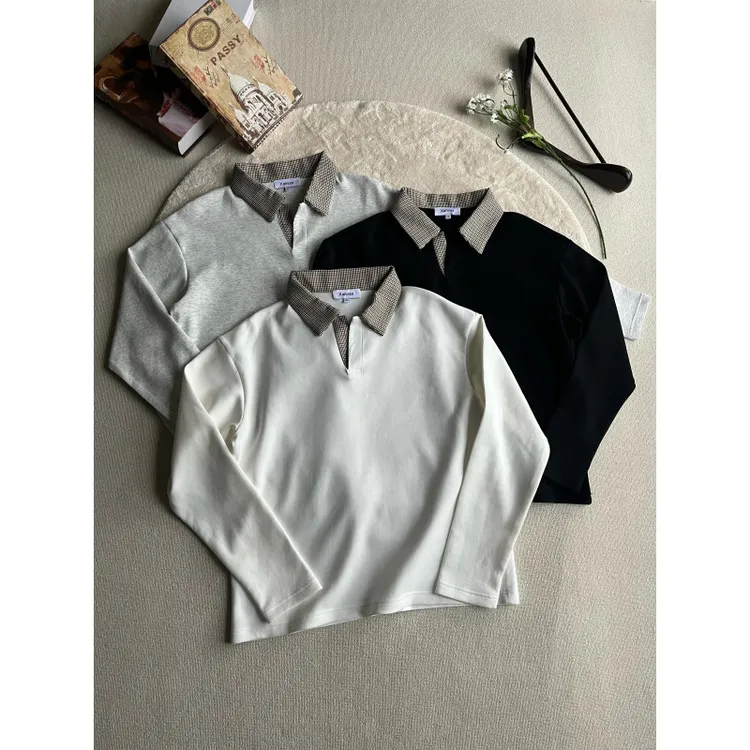 千鸟格拼接Polo领洛卡抗皱空气层长袖T恤老钱风cleanfit