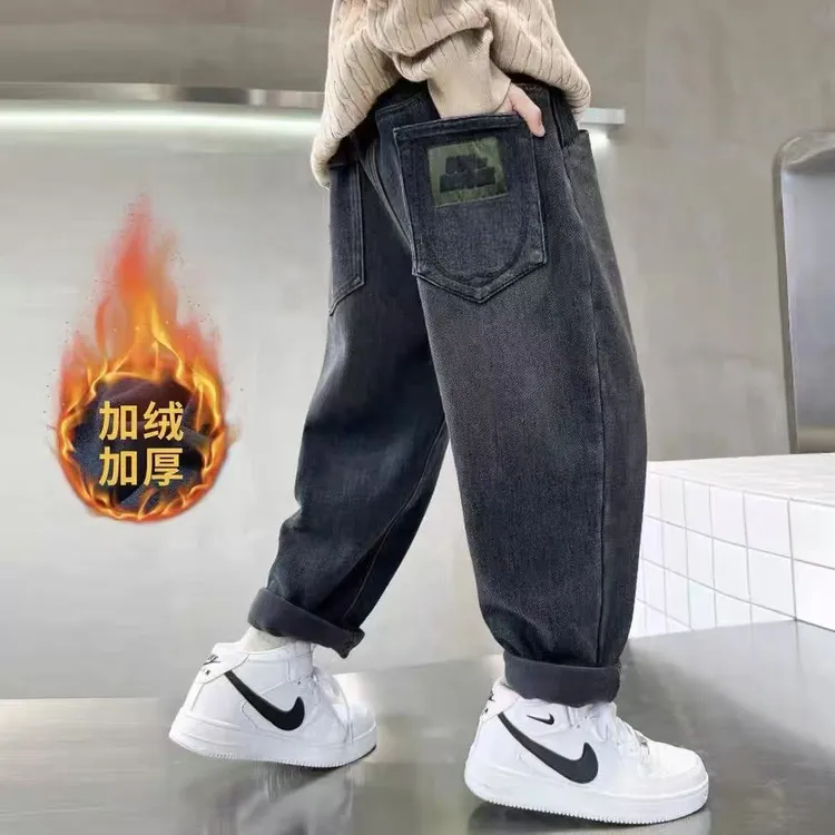 冬天男童加绒牛仔裤中大童一体绒保暖长裤加厚宽松长裤棉裤中大童