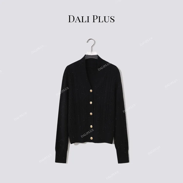 DALI PLUS“V领夹克针织”绵羊毛混纺闪闪开衫-D5QX0026