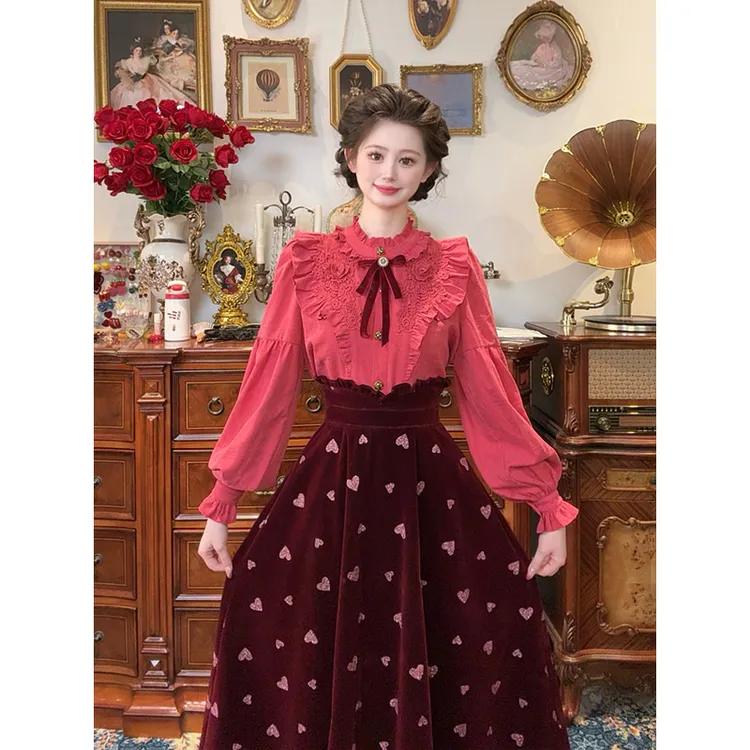 现货 一生罗曼【甜心软欧】秋季法式荷叶边蕾丝刺绣长袖衬衫女Y5567