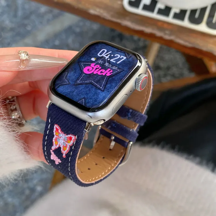 原创蝴蝶刺绣牛仔表带新款运动手表带适用苹果华为手表小众设计女