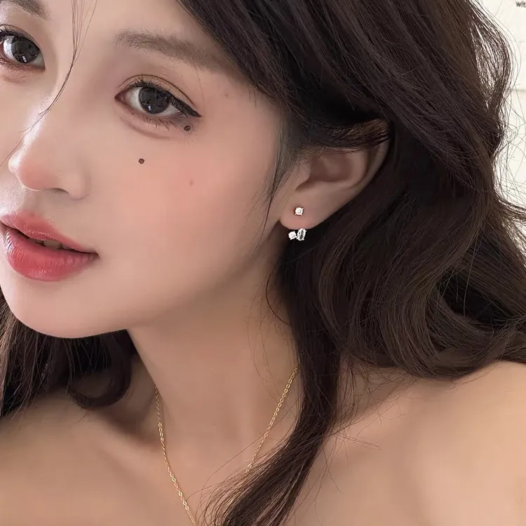 铜合金锆石耳饰 925银针后挂锆石耳钉气质耳环女高级两戴精致耳饰