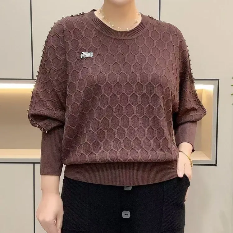 02时尚纯色钉珠蝙蝠新款洋气圆领宽松休闲