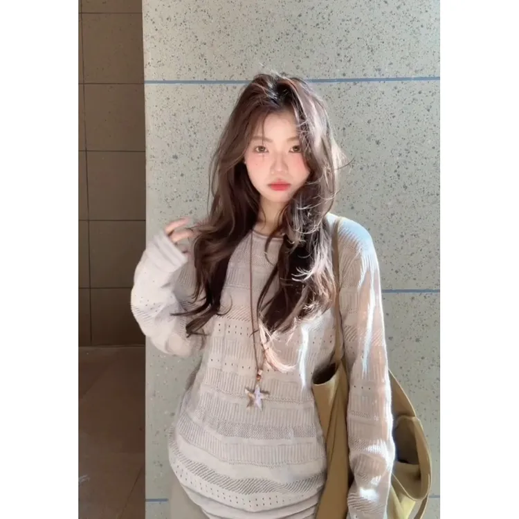 MARIE.COCO韩系chic镂空针织长袖打底衫上衣女宽松窄版阔腿裤套装