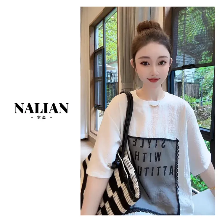 高端欧货2025新款休闲百搭圆领蕾丝拼接短袖T恤女夏上衣DZ98268