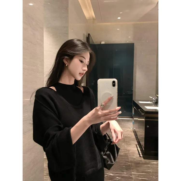 秋季新款时尚气质针织长袖上衣韩版高级感百搭黑色宽松休闲裤套装