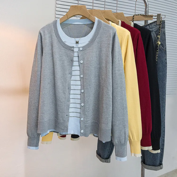 yoewshean/羽媗春秋季新款微胖mm假两件针织开衫女装短款百搭外套