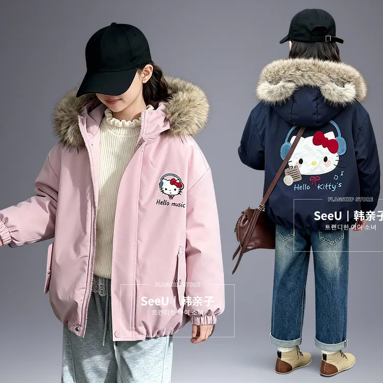加棉加厚加毛外套棉衣冬季Kltty猫中大女童6-12岁童装儿童洋气韩