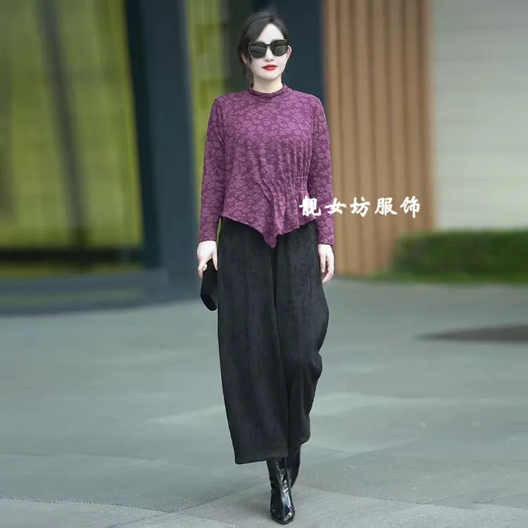 原创大码印花半高领减龄上衣女2025春秋新款大码遮肉显瘦时尚套装