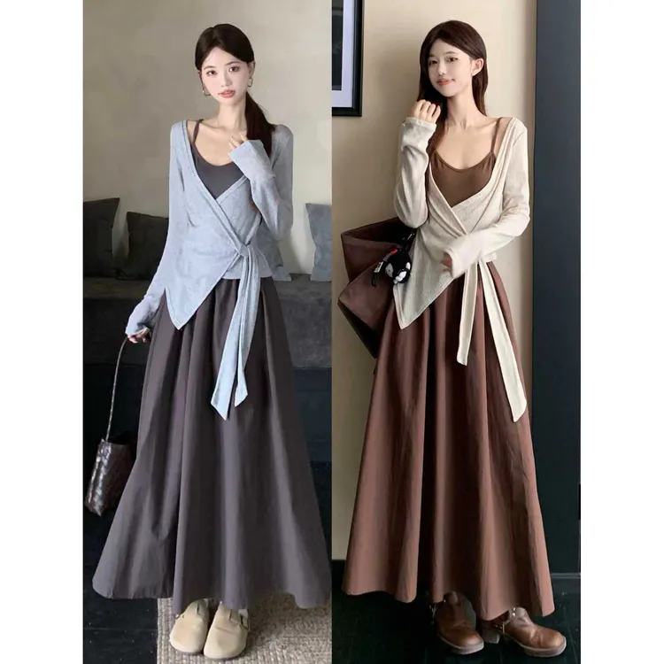 大码复古连衣裙秋季梨型身材吊带裙胖MM遮肚显瘦裙子两件套新款