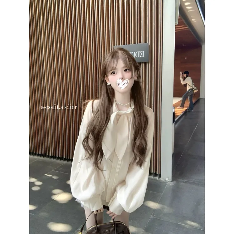 雏菊信笺 兔耳领长袖衬衫百搭南瓜短裤套装