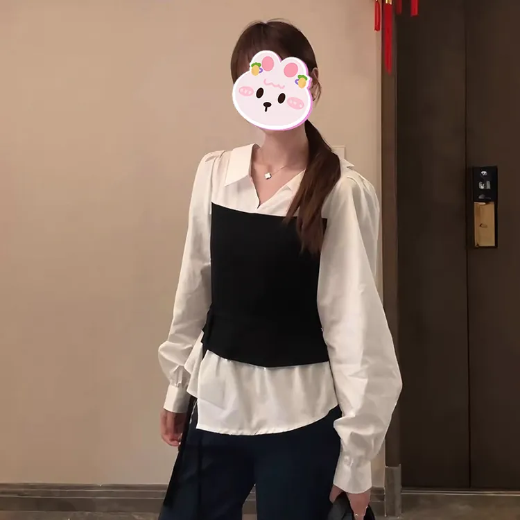 小众设计感假两件拼接长袖衬衫女秋季新款韩系气质绑带收腰上衣潮