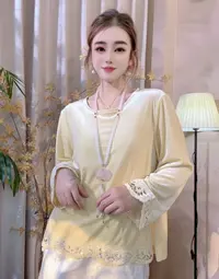 [梦瑶]秋季新款新中式高级感鎏金长袖衬衫女缕空钩花减龄圆领上衣