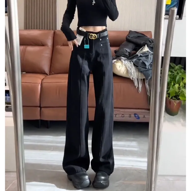黑色高腰窄版阔腿牛仔裤女2025年秋季新款百搭显瘦垂感直筒拖地裤