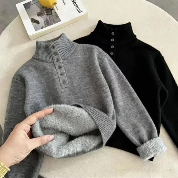 男童一体绒毛衣针织衫加绒2025新款潮范保暖上衣男孩灰色洋气衣服