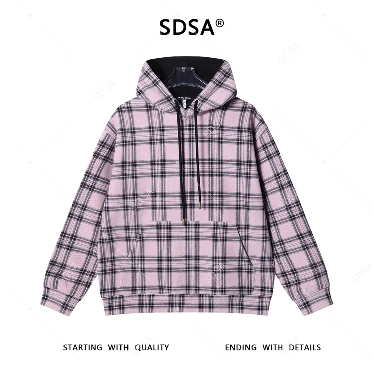 SDSA男士秋冬新款痞帅男装复古格子连帽卫衣宽松休闲百搭套头上衣
