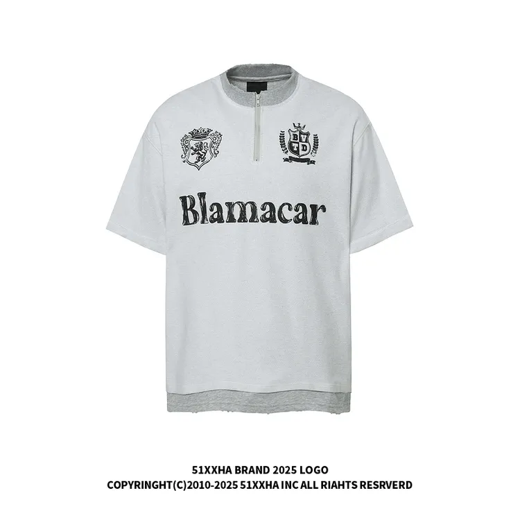 51嘻哈美式复古字母印花半拉链短袖T恤男女夏季街头做旧宽松上衣