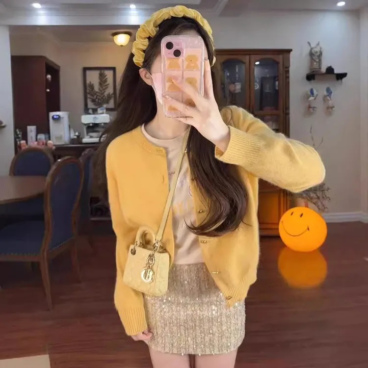 热品秋季薄荷曼波风穿搭轻熟风减龄针织开衫+亮片半身裙子两件套