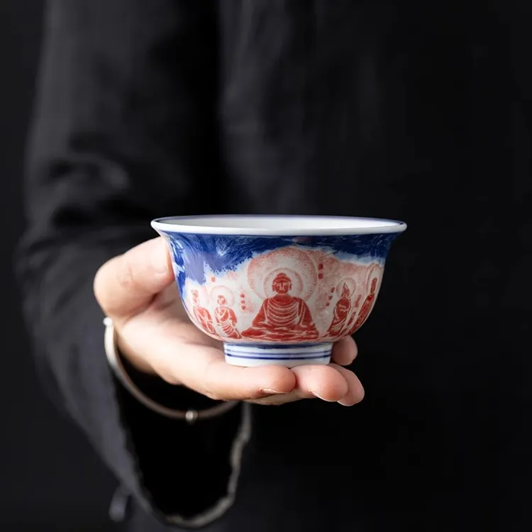 予迟器【拓片石窟杯】青花釉下陶瓷茶杯个人专用家用中国风主人杯