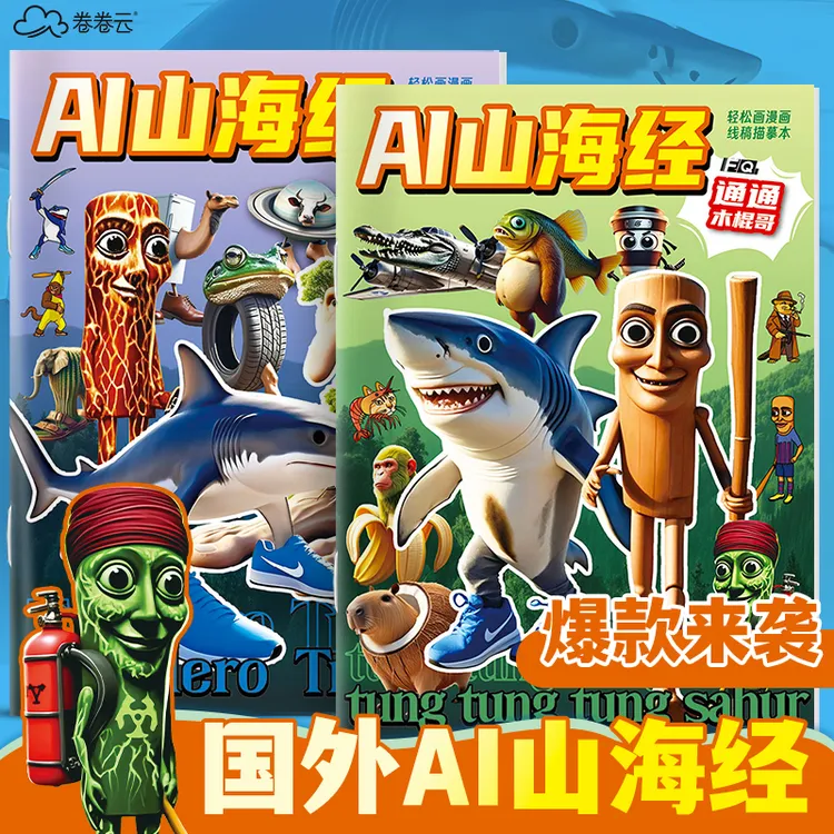山海经图画本tungtungsahur木棍人穿鞋鲨鱼涂色本填色绘画轮胎鳄
