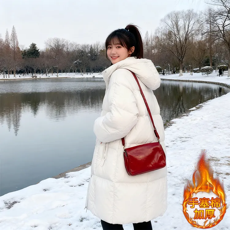 2025年早秋新款韩版时尚中长款连帽加厚面包服女纯色复古保暖棉服