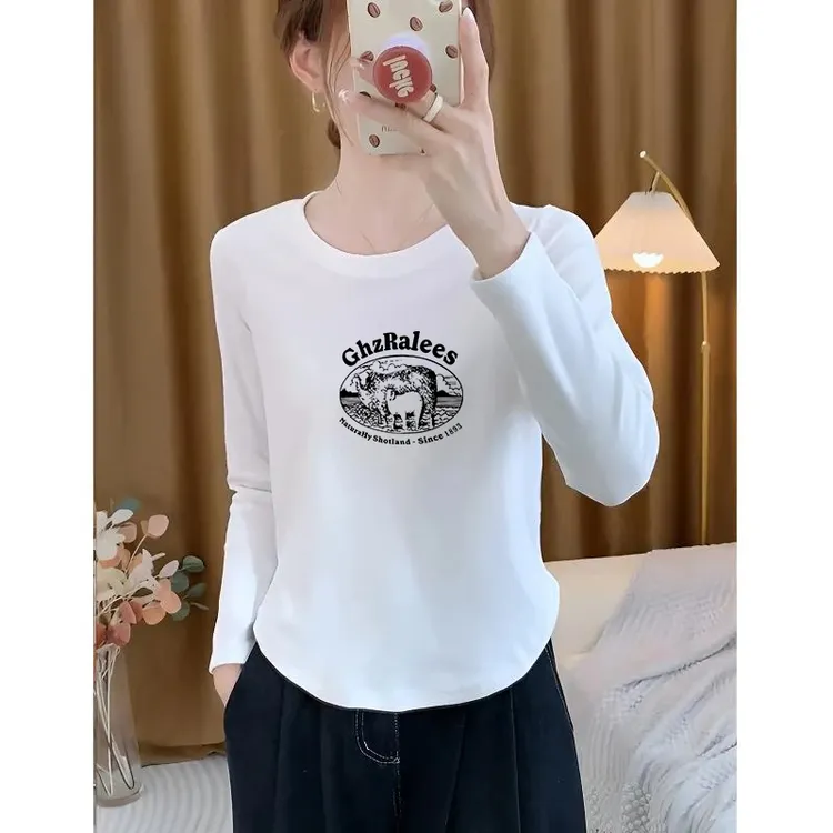 2025春秋长袖T恤女新款纯棉百搭内搭秋季打底衫上衣白色女款显瘦