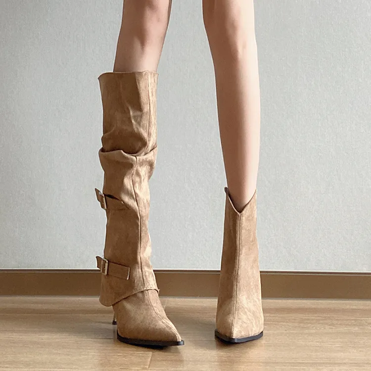 羊皮版~~可拆卸两穿裤管靴女复古绒面褶皱皮带扣尖头高跟瘦瘦短靴