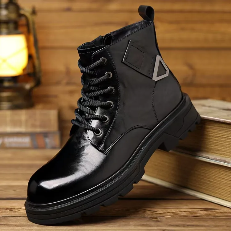 真皮头层牛皮马丁靴男高帮工装靴英伦风厚底潮流冬季真毛保暖靴子