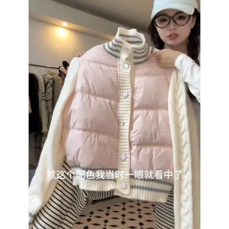 粉色小香风针织立领拼接衣服女冬加厚小个子甜美短款袄外套