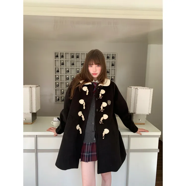 东京岁时记jk黑色大衣秋冬季中长款毛呢外套娃娃领牛角扣新款上衣