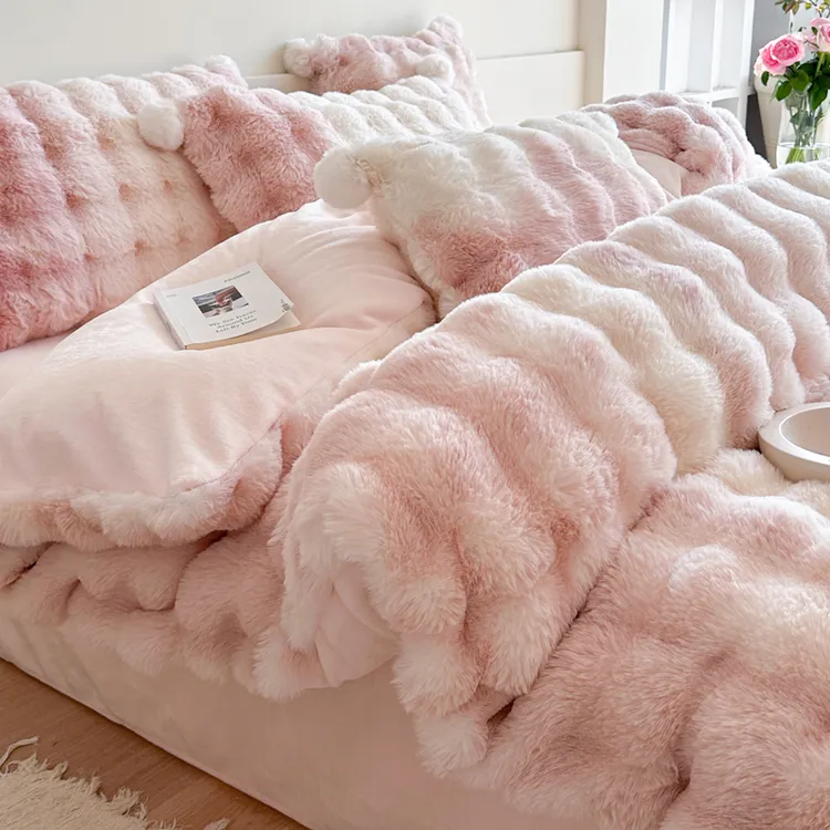 【正品10斤】冬季渐变色加厚牛奶绒四件套少女心兔毛绒被套-泡芙
