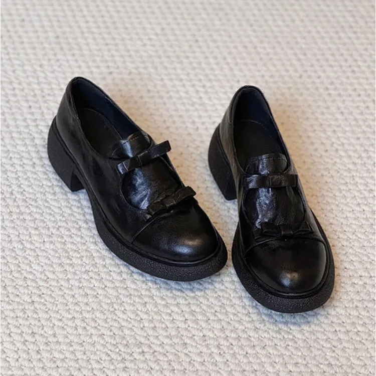 羊皮版~甜酷风乐福鞋厚底一脚蹬蝴蝶结圆头单鞋通勤中跟小皮鞋女