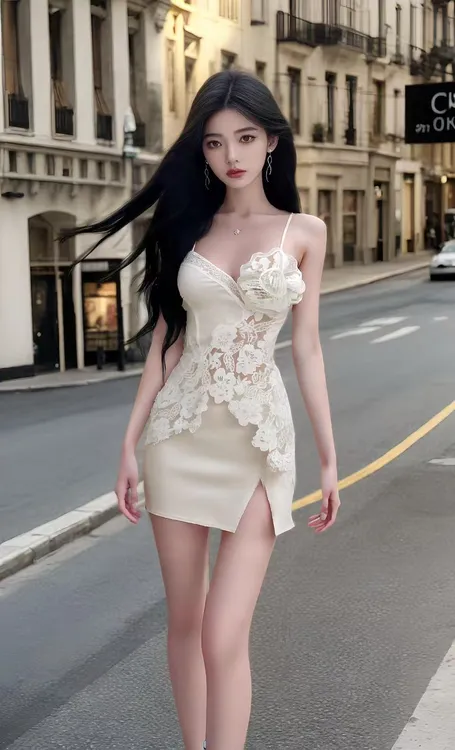 夏季新款2025杏色V领立体花设计收腰包臀吊带蕾丝连衣裙女高级感