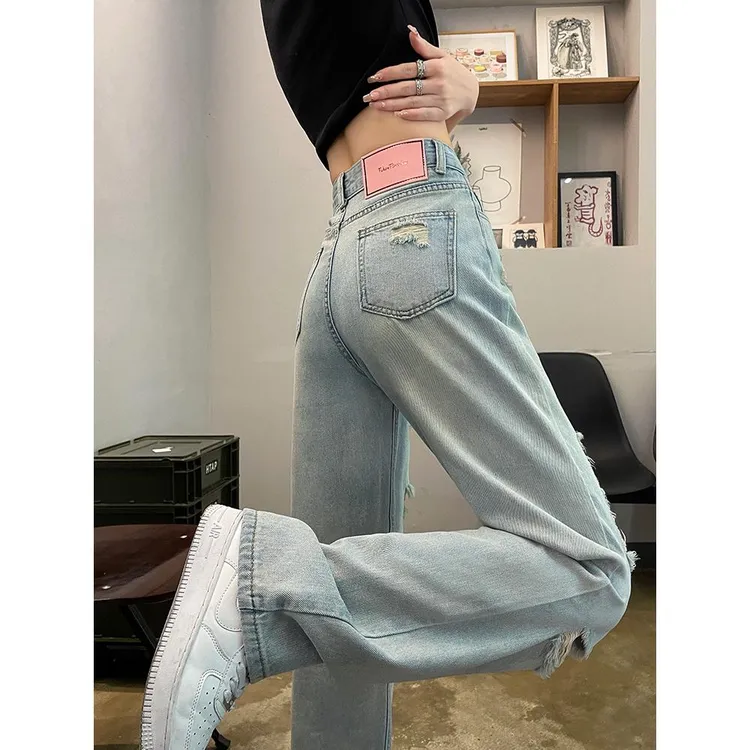 浅色高腰破洞牛仔裤女夏季2024新款秋装刺绣撞色宽松直筒阔腿裤子
