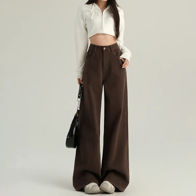 美式复古咖色阔腿牛仔裤女秋季新款高腰宽松显瘦垂感直筒拖地裤子