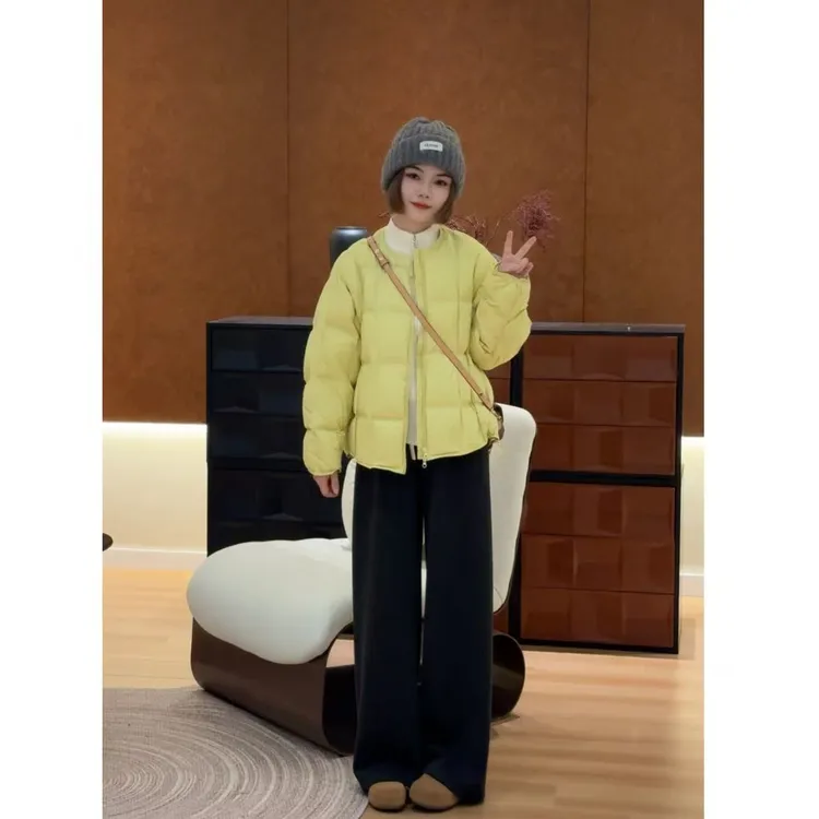 【小黄鸭】韩版宽松圆领双拉链立领方格羽绒服