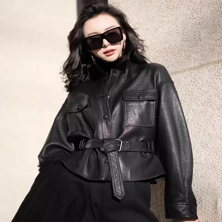 【杨树林】海宁皮衣外套女2025春季新款短款时尚高端皮夹克机车上衣
