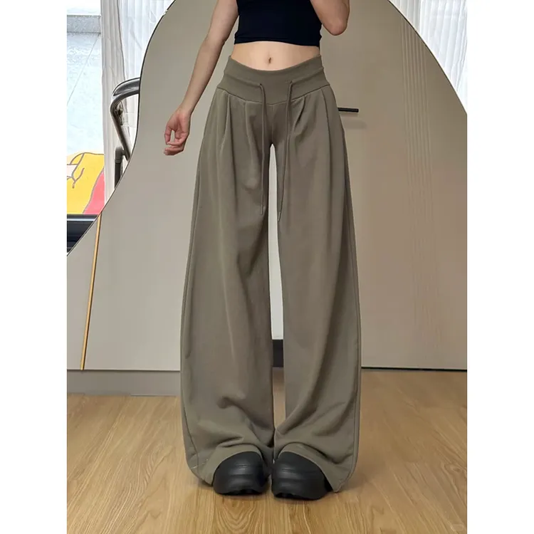 2025早秋新款韩系慵懒风松弛感休闲裤女复古高腰显瘦抽绳阔腿裤子