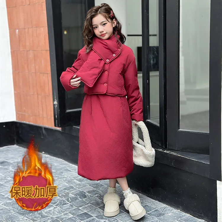 女童棉衣套装裙冬装2025新款女大童半身裙儿童冬季加厚新年拜年服