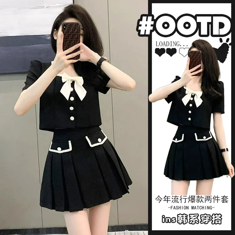 黑色小香风蝴蝶结短外套夏季高腰显瘦半身裙女气质高级感套装