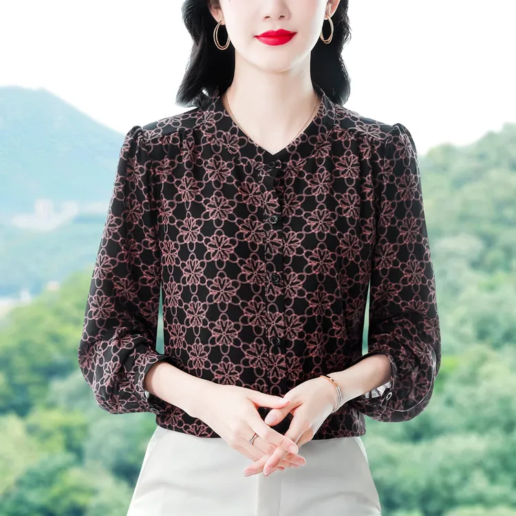 雪纺印花长袖衬衫女春秋减龄百搭时尚小衫气质休闲洋气宽松上衣27