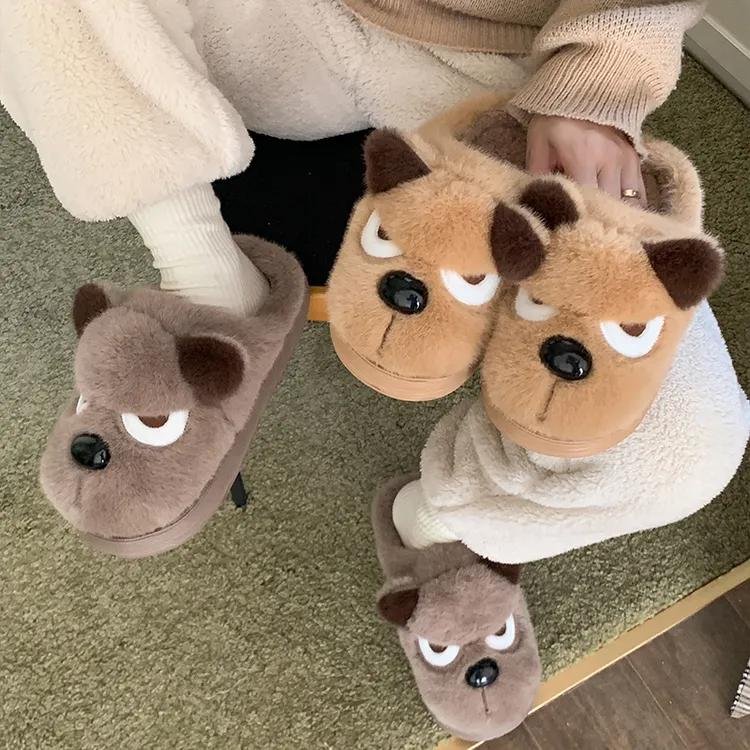 酷如意卡通小狗毛绒棉拖鞋男士冬季居家加绒保暖外穿厚底棉拖鞋女