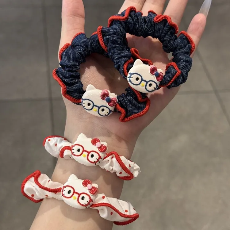 可爱牛仔KT猫发圈甜美少女马尾高弹力扎头马尾小肠圈慵懒风发饰