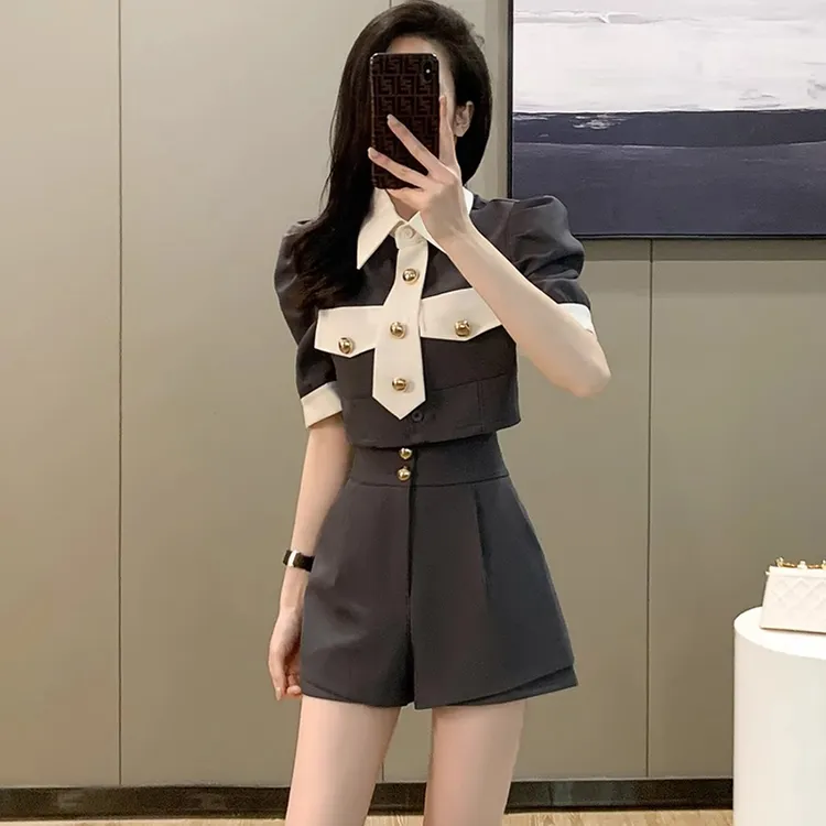 【两件套】高级感小洋装短裤套装女夏装学院风气质显瘦女装D1692