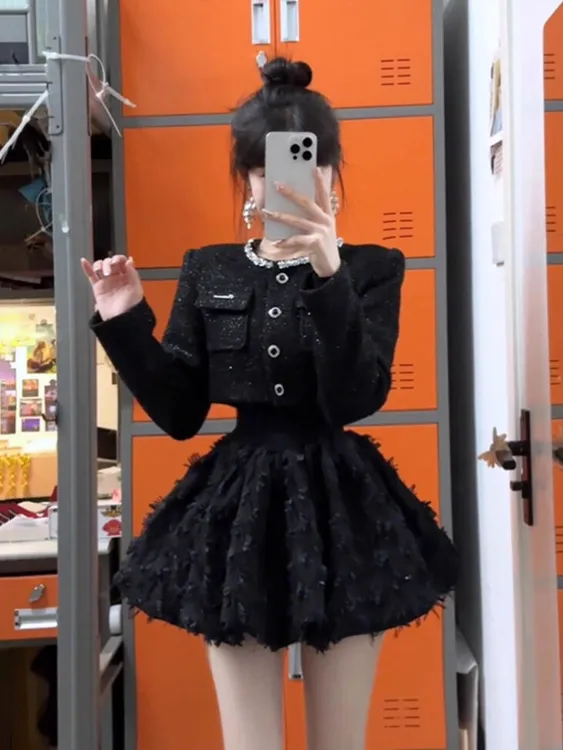 富家千金小香风套装女秋冬高级感气质名媛短外套蓬蓬连衣裙两件套