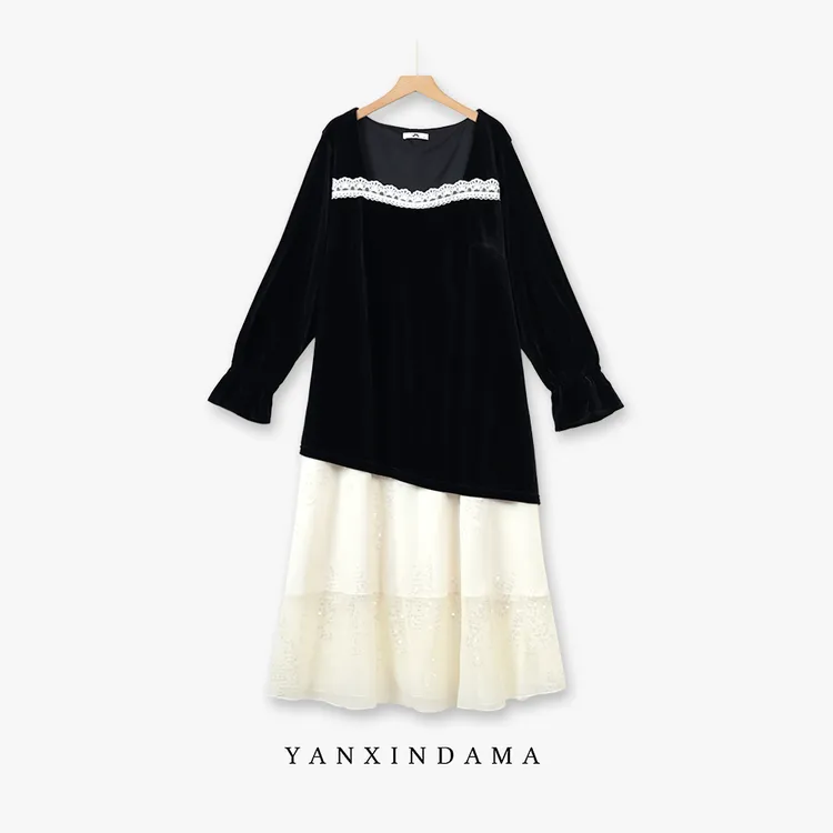 大码女装300斤胖MM法式丝绒拼接方领显瘦长袖连衣裙67093