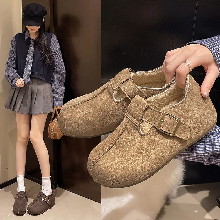 5CM内增高圆头防滑勃肯鞋秋冬季增高加绒鞋秋冬复古短靴百搭小懒