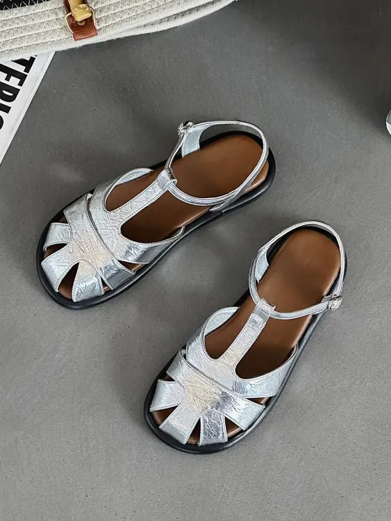 包头真皮凉鞋女士罗马凉鞋女凉鞋浅口镂空包头百搭平底